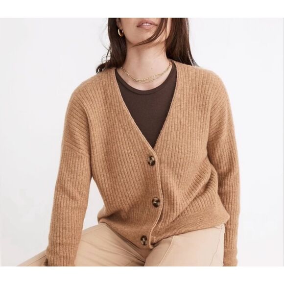 Madewell Cameron Button Front Cardigan size M Tan Ribbed - Picture 1 of 9